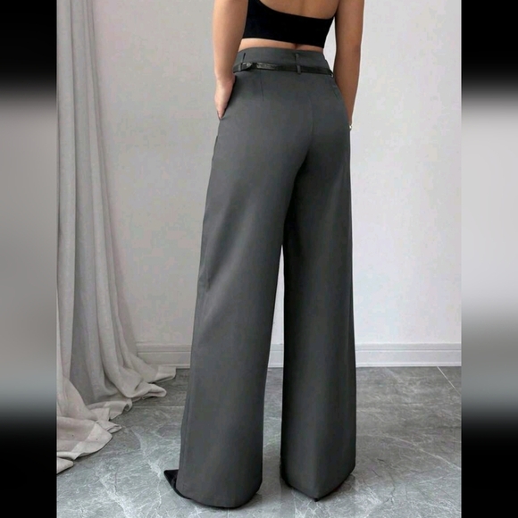Spring Casual High-Waist Solid Straight Pants With Vintage Belt - Picture 2 of 4